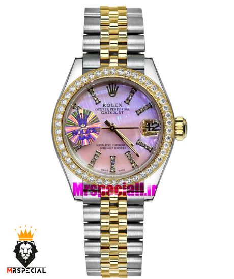 ساعت رولکس زنانه دیت جاست قاب نگین دورنگ طلایی صفحه صورتی 021545 ROLEX DATEJUST