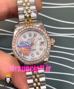 ساعت رولکس زنانه دیت جاست اتوماتیک دورنگ رزگلد قاب نگین صفحه سفید صدف 020918 ROLEX DATEJUST 