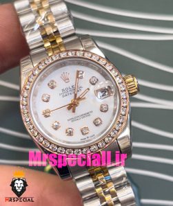 ساعت رولکس زنانه دیت جاست اتوماتیک دورنگ رزگلد قاب نگین صفحه سفید صدف 020918 ROLEX DATEJUST 