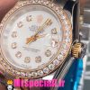 ساعت رولکس زنانه دیت جاست اتوماتیک دورنگ رزگلد قاب نگین صفحه سفید صدف 020918 ROLEX DATEJUST