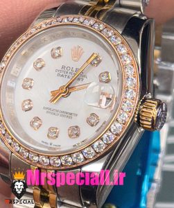 ساعت رولکس زنانه دیت جاست اتوماتیک دورنگ رزگلد قاب نگین صفحه سفید صدف 020918 ROLEX DATEJUST 