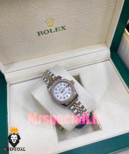 ساعت رولکس زنانه دیت جاست اتوماتیک دورنگ رزگلد قاب نگین صفحه سفید صدف 020918 ROLEX DATEJUST 