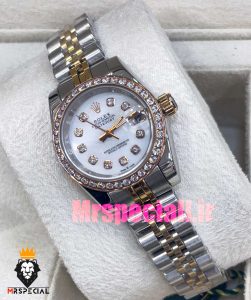 ساعت رولکس زنانه دیت جاست اتوماتیک دورنگ رزگلد قاب نگین صفحه سفید صدف 020918 ROLEX DATEJUST 