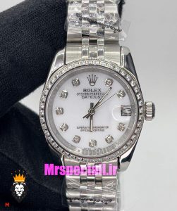 ساعت رولکس زنانه دیت جاست اتوماتیک استیل قاب نگین صفحه سفید 020990 ROLEX DATEJUST 