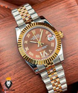 ساعت رولکس زنانه مدل دیت جاست اتوماتیک دورنگ رزگلد صفحه شکلاتی 5808 ROLEX DATEJUST