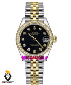 ساعت رولکس زنانه دیت جاست اتوماتیک دورنگ طلایی قاب نگین صفحه مشکی 021478 ROLEX DATEJUST