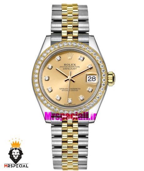 ساعت رولکس زنانه مدل دیت جاست اتوماتیک دورنگ طلایی صفحه طلایی قاب نگین 020873 ROLEX DATEJUST Diamond