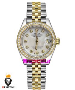 ساعت رولکس زنانه دیت جاست اتوماتیک دورنگ طلایی قاب نگین صفحه سفید 021477 ROLEX DATEJUST
