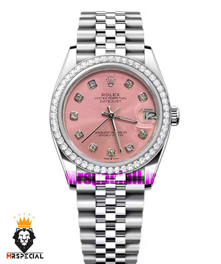 ساعت رولکس زنانه دیت جاست اتوماتیک استیل قاب نگین صفحه صورتی 021472 ROLEX DATEJUST