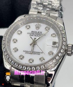 ساعت رولکس زنانه دیت جاست اتوماتیک استیل قاب نگین صفحه سفید 020990 ROLEX DATEJUST 