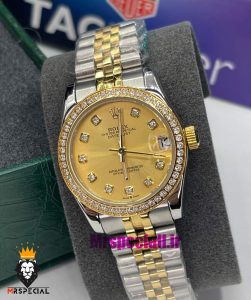 ساعت رولکس زنانه مدل دیت جاست اتوماتیک دورنگ طلایی صفحه طلایی قاب نگین 020873 ROLEX DATEJUST Diamond