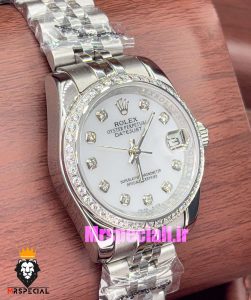 ساعت رولکس زنانه دیت جاست اتوماتیک استیل قاب نگین صفحه سفید 020990 ROLEX DATEJUST 