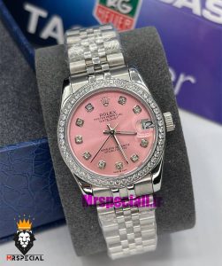ساعت رولکس زنانه دیت جاست اتوماتیک استیل قاب نگین صفحه صورتی 021472 ROLEX DATEJUST 