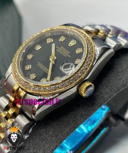 ساعت رولکس زنانه دیت جاست اتوماتیک دورنگ طلایی قاب نگین صفحه مشکی 021478 ROLEX DATEJUST