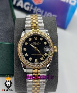 ساعت رولکس زنانه دیت جاست اتوماتیک دورنگ طلایی قاب نگین صفحه مشکی 021478 ROLEX DATEJUST