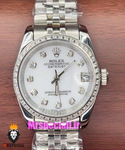 ساعت رولکس زنانه دیت جاست اتوماتیک استیل قاب نگین صفحه سفید 020990 ROLEX DATEJUST 