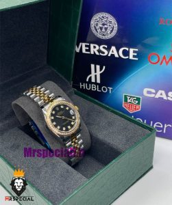 ساعت رولکس زنانه دیت جاست اتوماتیک دورنگ طلایی قاب نگین صفحه مشکی 021478 ROLEX DATEJUST