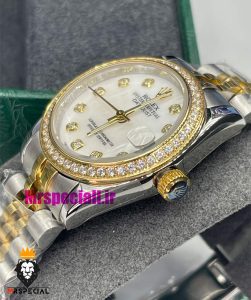 ساعت رولکس زنانه دیت جاست اتوماتیک دورنگ طلایی قاب نگین صفحه سفید 021477 ROLEX DATEJUST