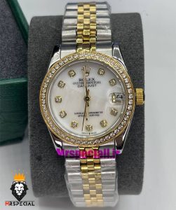 ساعت رولکس زنانه دیت جاست اتوماتیک دورنگ طلایی قاب نگین صفحه سفید 021477 ROLEX DATEJUST