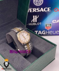 ساعت رولکس زنانه دیت جاست اتوماتیک دورنگ طلایی قاب نگین صفحه سفید 021477 ROLEX DATEJUST