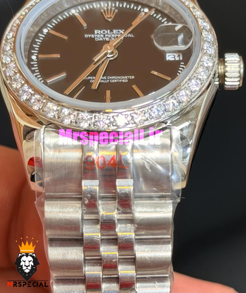 ساعت رولکس زنانه دیت جاست قاب نگین استیل صفحه مشکی 021694 ROLEX DATEJUST