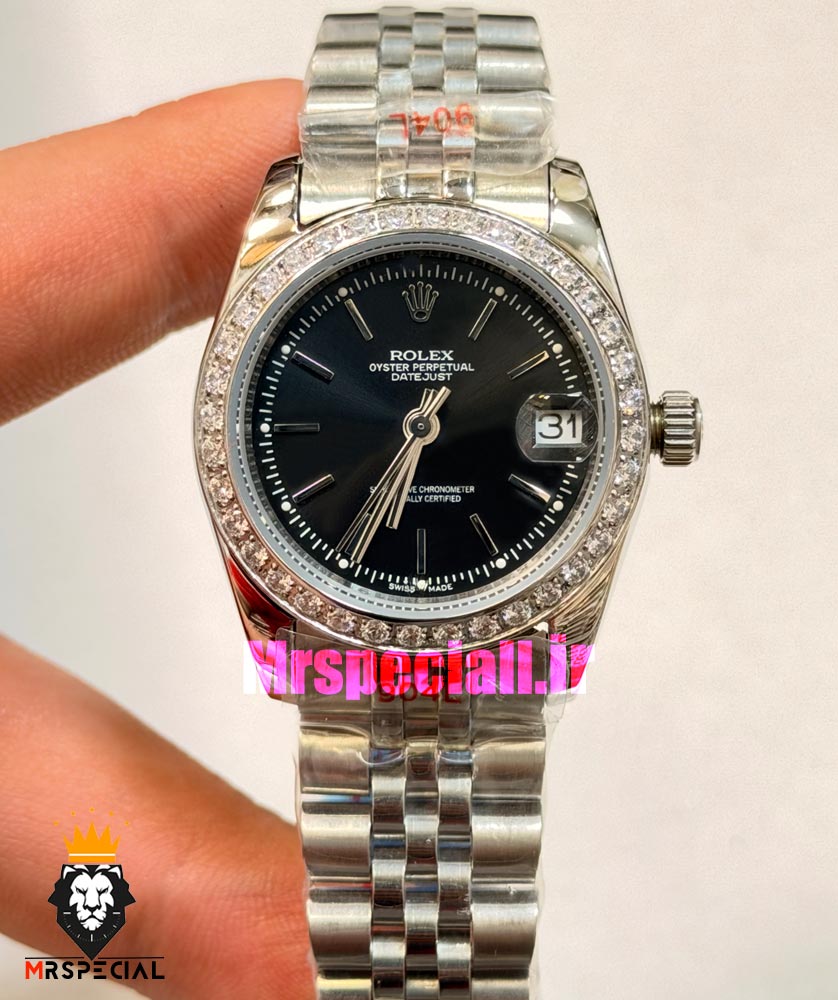 ساعت رولکس زنانه دیت جاست قاب نگین استیل صفحه مشکی 021694 ROLEX DATEJUST
