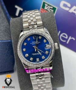ساعت رولکس زنانه دیت جاست اتوماتیک استیل قاب نگین صفحه ابی 021470 ROLEX DATEJUST 