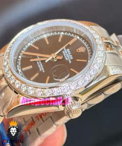 ساعت رولکس زنانه دیت جاست قاب نگین استیل صفحه مشکی 021694 ROLEX DATEJUST