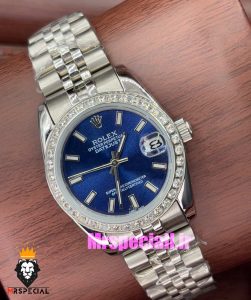 ساعت رولکس زنانه دیت جاست اتوماتیک استیل قاب نگین صفحه ابی 020991 ROLEX DATEJUST 