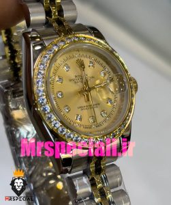 ساعت رولکس زنانه مدل دیت جاست اتوماتیک دورنگ طلایی صفحه طلایی قاب نگین 020864 ROLEX DATEJUST Diamond