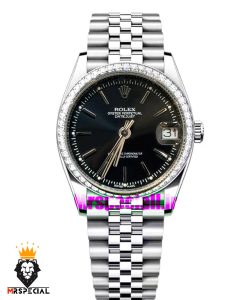 ساعت رولکس زنانه دیت جاست قاب نگین استیل صفحه مشکی 021694 ROLEX DATEJUST