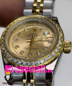 ساعت رولکس زنانه مدل دیت جاست اتوماتیک دورنگ طلایی صفحه طلایی قاب نگین 020864 ROLEX DATEJUST Diamond