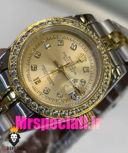 ساعت رولکس زنانه مدل دیت جاست اتوماتیک دورنگ طلایی صفحه طلایی قاب نگین 020864 ROLEX DATEJUST Diamond
