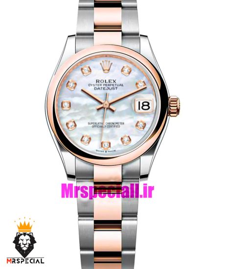 ساعت رولکس زنانه دیت جاست اتوماتیک دورنگ رزگلد صفحه سفید صدف 021039 ROLEX DATEJUST