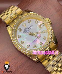 ساعت رولکس زنانه دیت جاست اتوماتیک طلایی قاب نگین صفحه سفید صدف 020989 ROLEX DATEJUST