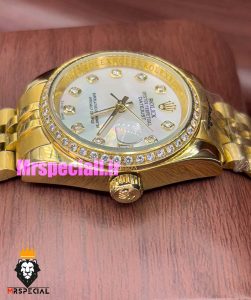 ساعت رولکس زنانه دیت جاست اتوماتیک طلایی قاب نگین صفحه سفید صدف 020989 ROLEX DATEJUST