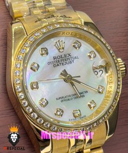 ساعت رولکس زنانه دیت جاست اتوماتیک طلایی قاب نگین صفحه سفید صدف 020989 ROLEX DATEJUST