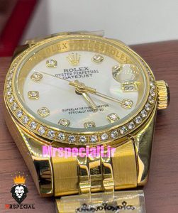 ساعت رولکس زنانه دیت جاست اتوماتیک طلایی قاب نگین صفحه سفید صدف 020989 ROLEX DATEJUST