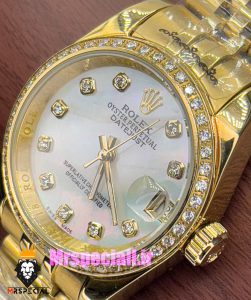 ساعت رولکس زنانه دیت جاست اتوماتیک طلایی قاب نگین صفحه سفید صدف 020989 ROLEX DATEJUST