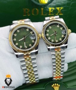 ساعت ست رولکس زنانه و مردانه دیت جاست باتری دورنگ طلایی صفحه سبز 01533 ROLEX DATEJUST
