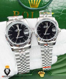 ساعت ست رولکس زنانه و مردانه دیت جاست باتری استیل صفحه مشکی 01233 ROLEX DATEJUST