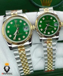 ساعت ست رولکس مردانه و زنانه دیت جاست باتری دورنگ طلایی صفحه سبز 01058 ROLEX DATEJUST