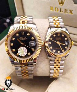 ساعت ست رولکس مردانه و زنانه دیت جاست اتوماتیک دورنگ طلایی صفحه مشکی 0835 ROLEX DATEJUST