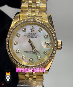 ساعت رولکس زنانه دیت جاست اتوماتیک طلایی قاب نگین صفحه سفید صدف 020989 ROLEX DATEJUST