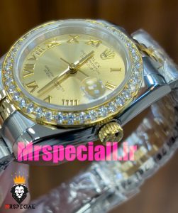 ساعت رولکس زنانه مدل دیت جاست اتوماتیک دورنگ طلایی صفحه طلایی قاب نگین 020864 ROLEX DATEJUST Diamond