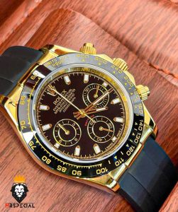 ساعت مردانه رولکس دیتونا کوارتز فول دیت بند رابر طلایی قاب سرامیک 5892 ROLEX DAYTONA