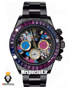 ساعت رولکس مردانه مدل دیتونا مشکی اتوماتیک نگین باگت بنفش صفحه خاص 021307 ROLEX DAYTONA Replica