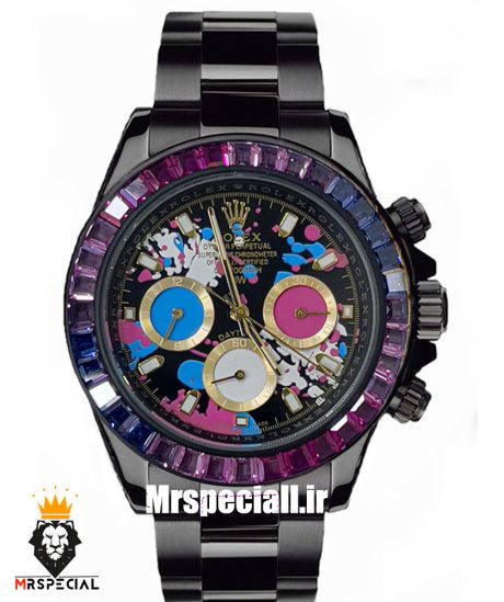 ساعت رولکس مردانه مدل دیتونا مشکی اتوماتیک نگین باگت بنفش صفحه خاص 021307 ROLEX DAYTONA Replica