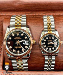 ساعت ست رولکس مردانه و زنانه دیت جاست باتری دورنگ رزگلد صفحه مشکی 5707 Rolex Datejust