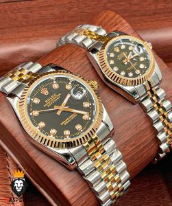 ساعت ست رولکس مردانه و زنانه دیت جاست باتری دورنگ رزگلد صفحه مشکی 5707 Rolex Datejust